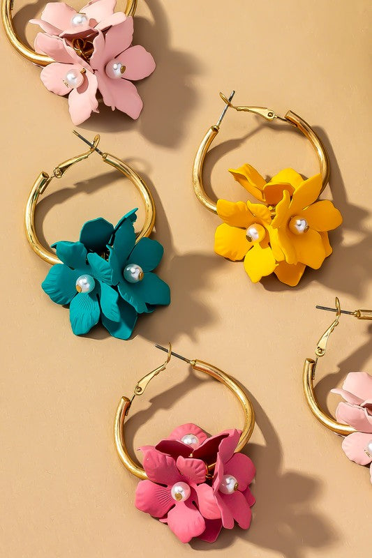  Color Coated Flower Cluster Hoop Earrings. Made of Base Metal and Matte Gold Plated