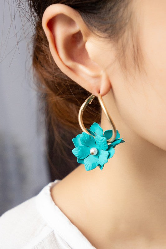 Teal Color Coated Flower Cluster Hoop Earrings. Made of Base Metal and Matte Gold Plated