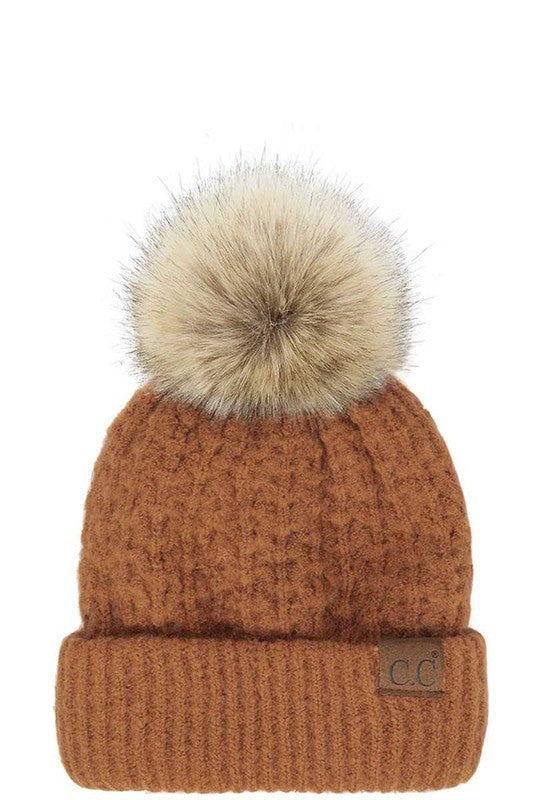CC Brand Faux Fur Pom Waffle Knit Beanie Hat