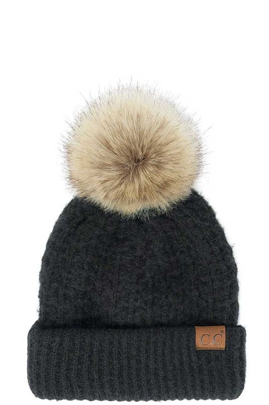 CC Brand Faux Fur Pom Waffle Knit Beanie Hat