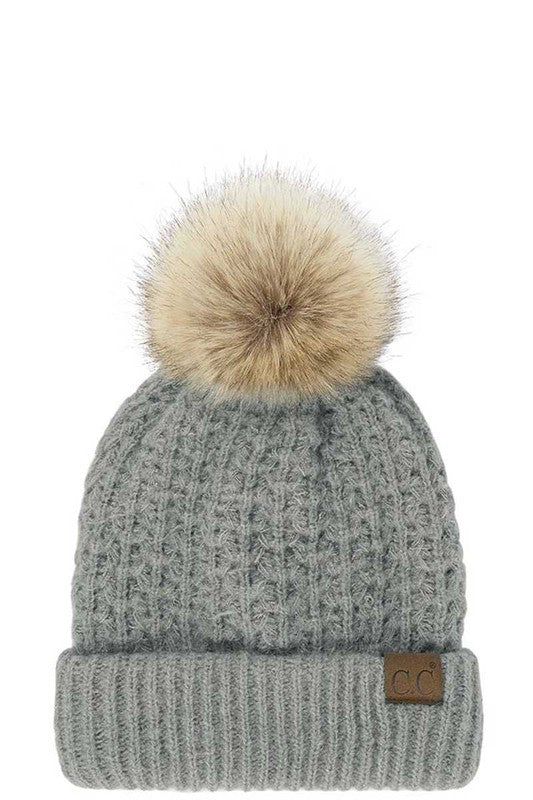 CC Brand Faux Fur Pom Waffle Knit Beanie Hat