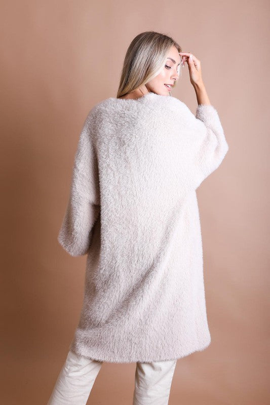 White Winter Faux Mohair Knit Cardigan