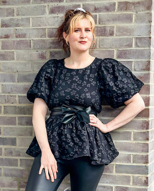 Black Floral Print Jacquard Peplum Top