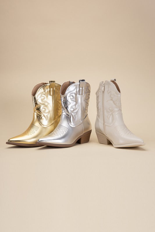 Gold/White/Silver Western Booties Tapered Toe and Block Heel
