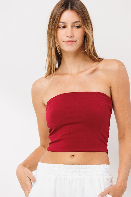 Burgundy Tube Top Pull on Style Straight Neckline Cropped Design Slouch Free 94% Cotton 6% Spandex