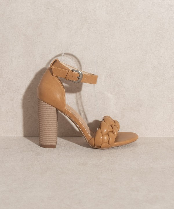 Tan Braided Chain Ankle Heel Sandals
