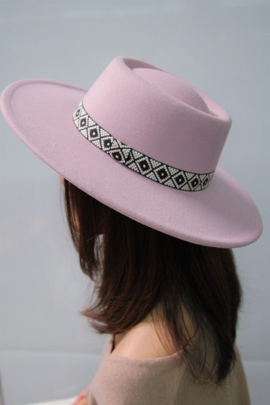 Pink Bohemian Felt Fedora Hat Flat Brim Boho Pattern Band White and Black Tribe Design