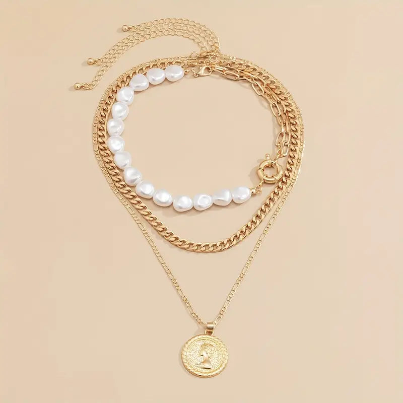 Vintage Style Faux Pearl 3 Layer Gold Necklace with Circle Pendant