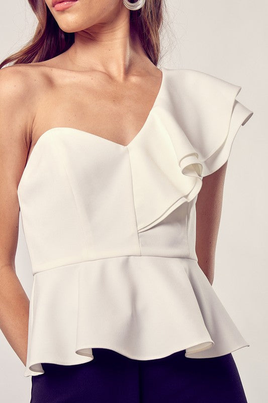 White Asymmetrical One Shoulder Top with Ruffle Detailing