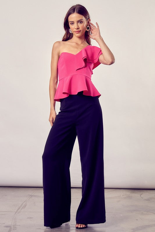 Pink Asymmetrical One Shoulder Top with Ruffle Detailing