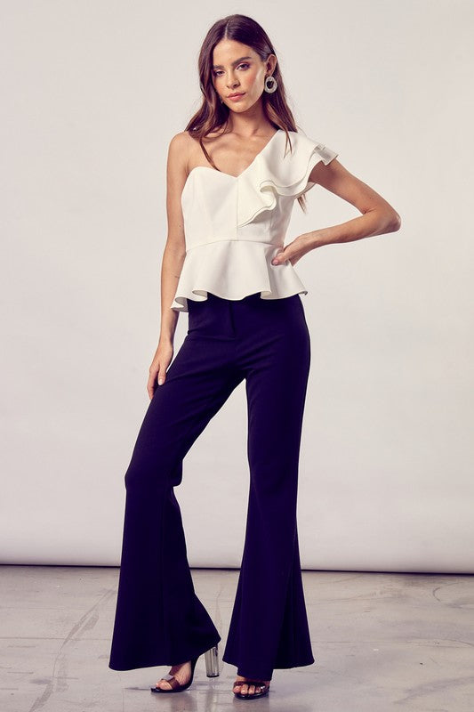 White Asymmetrical One Shoulder Top with Ruffle Detailing