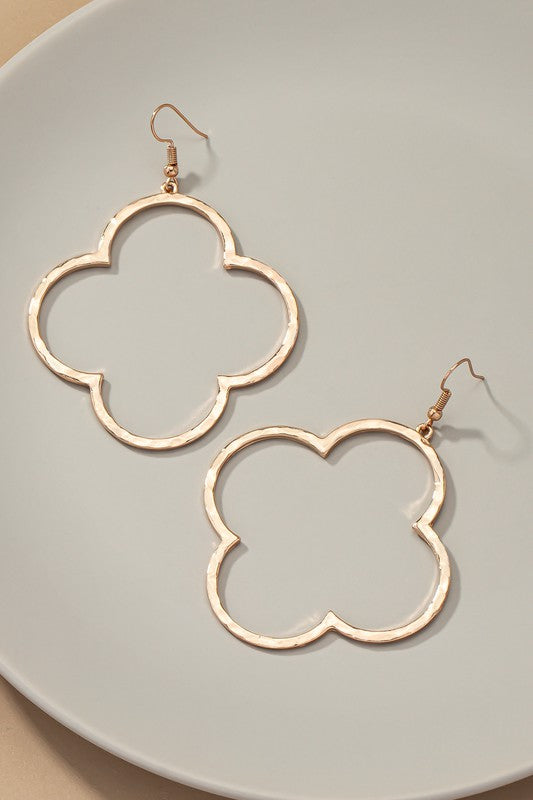 Gold Plating Hammered Clover Shaped Hoop Earring. Length 2.5 inches.