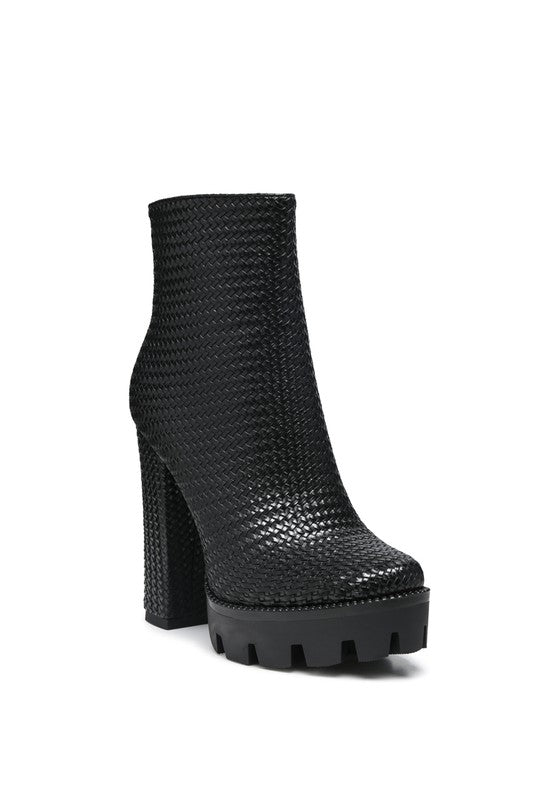 Black Solid Textured Block Heeled Boot
