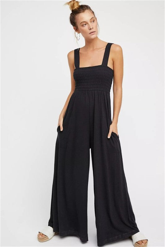 Black Wide Leg Jumpsuit Polyester and Spandex Blend Elastic Bust with Wide Straps and Side Pockets