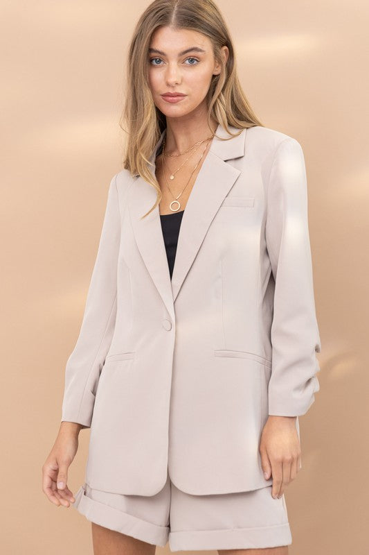 Khaki Single Blazer and Short Set Covered Button Closure Wrinkle SLV Detail