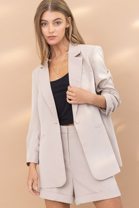 Khaki Single Blazer and Short Set Covered Button Closure Wrinkle SLV Detail