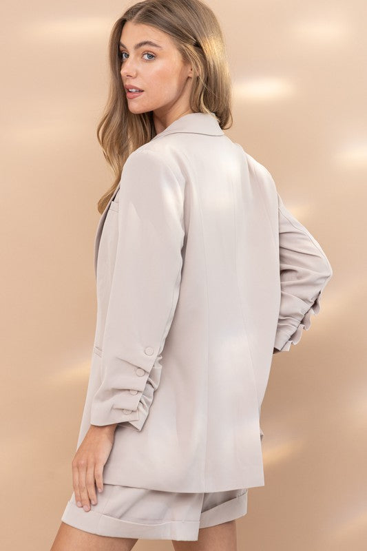 Khaki Single Blazer and Short Set Covered Button Closure Wrinkle SLV Detail