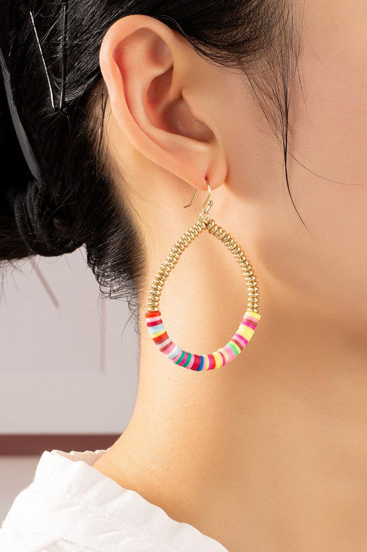 Multi Color Beaded Teardrop Hoop Earrings Made of Brass Wire, CCB Plastic Beads, and Shiny Gold Plating