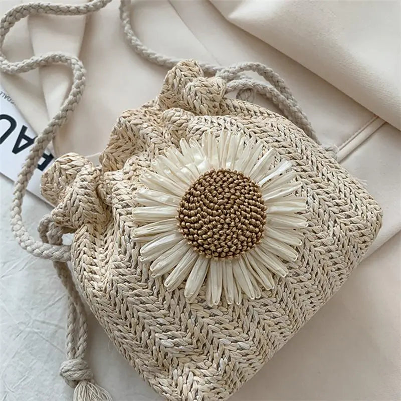 Creamy White Straw Crossbody Bag with Flower Detail