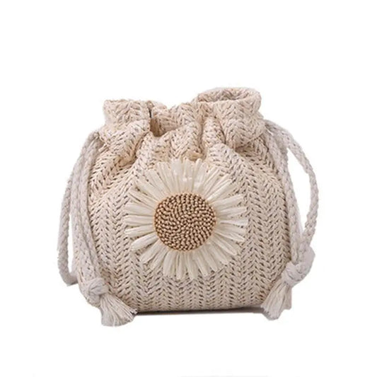 Creamy White Straw Crossbody Bag with Flower Detail