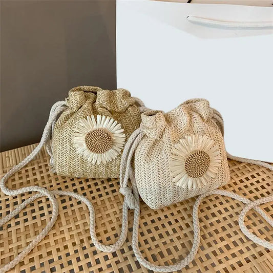 Creamy White or Khaki Straw Crossbody Bag with Flower Detail
