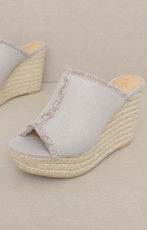 Light Grey Linen Wedge Heels Slide On