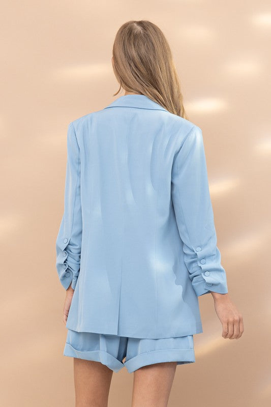 Dusty Blue Single Blazer and Short Set Covered Button Closure Wrinkle SLV Detail