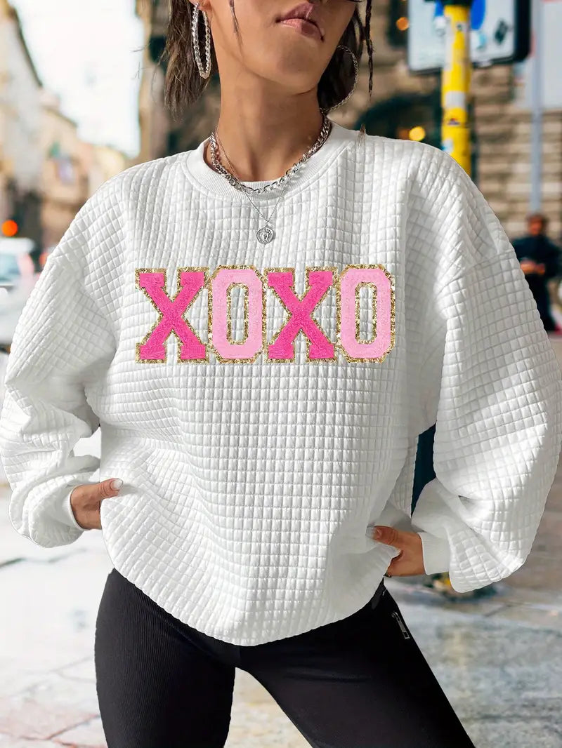 White Oversized Sweater with Pink XOXO Print