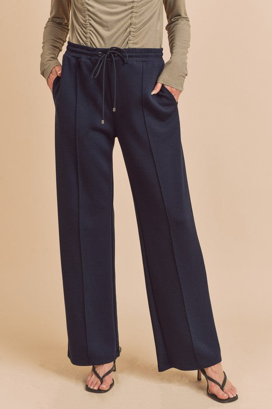 Navy Ankle-Length Drawstring Straight Leg Pants 