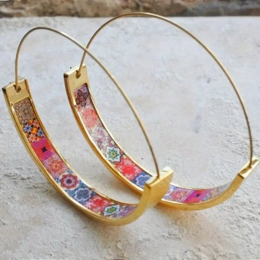 Dainty Gold Hoop Earrings with Vibrant Antique Paint Design