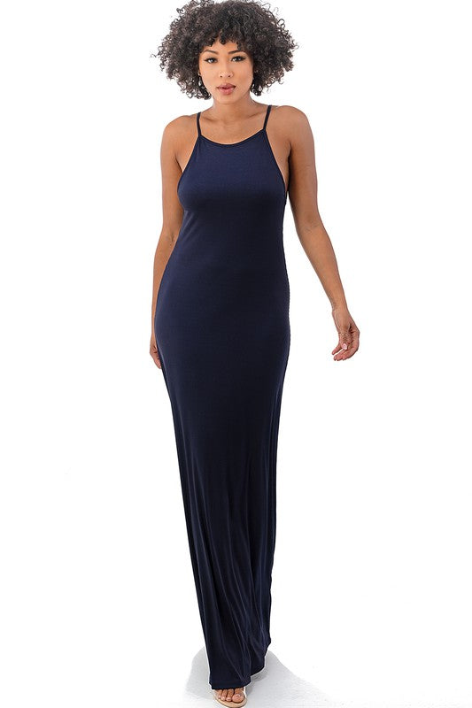 Navy Maxi Strap Knit Stretch Dress 92% Polyester 8% Spandex Easy Wear Floor Length 