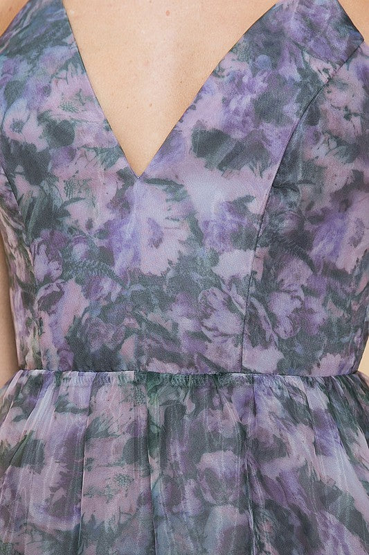 Purple Multi Organza Floral Mini Dress V Neckline and Above Knee Length