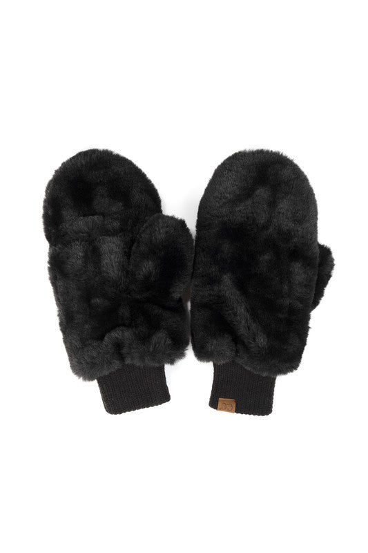Pair of black fuzzy mittens on a white background