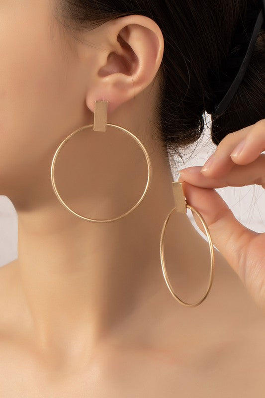 Gold Hoop and Bar Earrings with Iron and Gold Plating. Size 2.0" x 2.5"