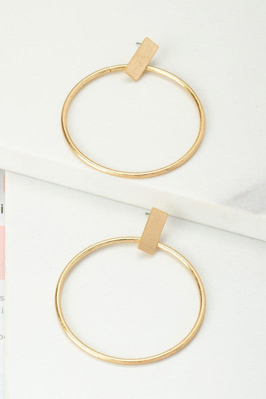 Gold Hoop and Bar Earrings with Iron and Gold Plating. Size 2.0" x 2.5"