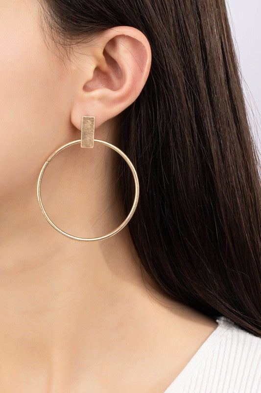 Gold Hoop and Bar Earrings with Iron and Gold Plating. Size 2.0" x 2.5"