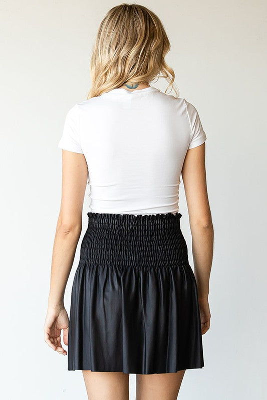 Black Faux Leather Smocked Waist Short Skirt