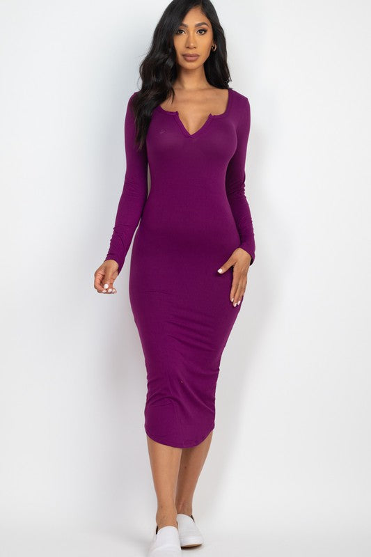 Purple Split Neck Long Sleeve Midi Dress