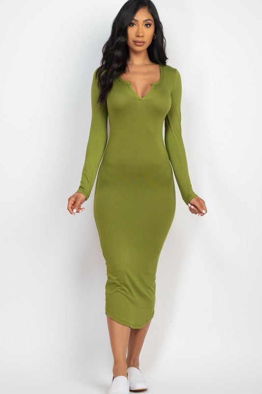 Green Split Neck Long Sleeve Midi Dress