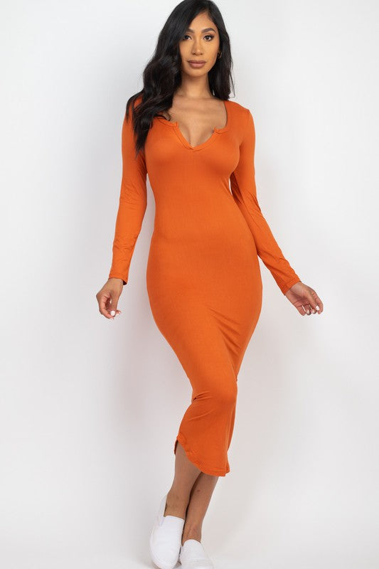 Orange Split Neck Long Sleeve Midi Dress