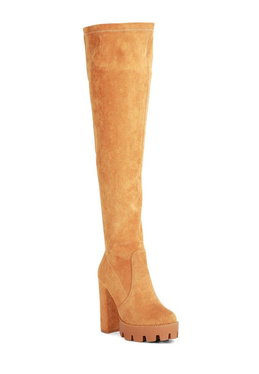 Tan High Block Heeled Faux Suede Long Boots Knee High with Lug Sole Platform and Zipper Opening