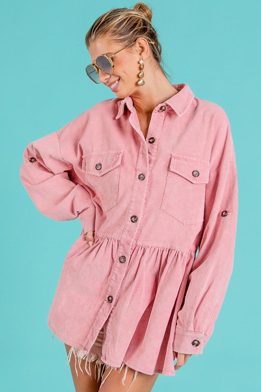 Vintage Rose Corduroy Ruffle Peplum Button Up Shirt Top