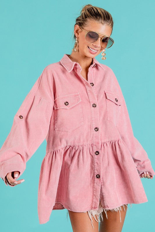 Vintage Rose Corduroy Ruffle Peplum Button Up Shirt Top