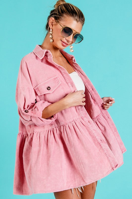 Vintage Rose Corduroy Ruffle Peplum Button Up Shirt Top