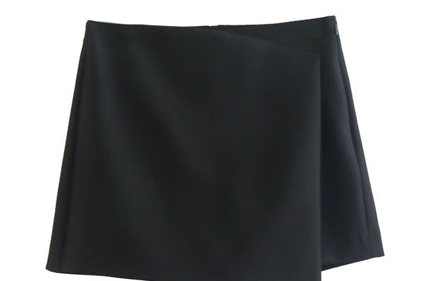 Black High Waisted Asymmetric Fold Skirt with Shorts