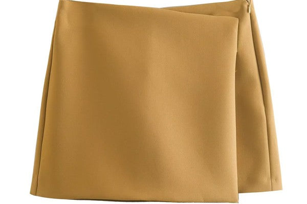 Tan High Waisted Asymmetric Fold Skirt with Shorts
