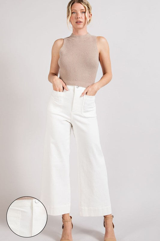 White Soft Washed Wide Leg Pants with Button Closure and Two Front Pockets.