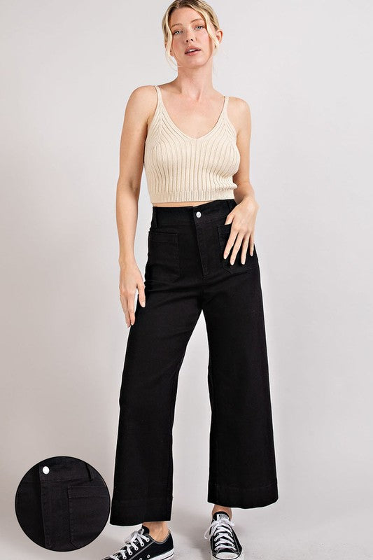 Black  Soft Washed Wide Leg Pants with Button Closure and Two Front Pockets.