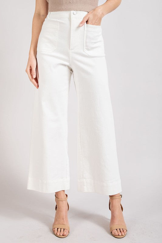 White Soft Washed Wide Leg Pants with Button Closure and Two Front Pockets.