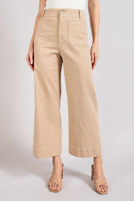 Taupe Soft Washed Wide Leg Pants with Button Closure and Two Front Pockets.